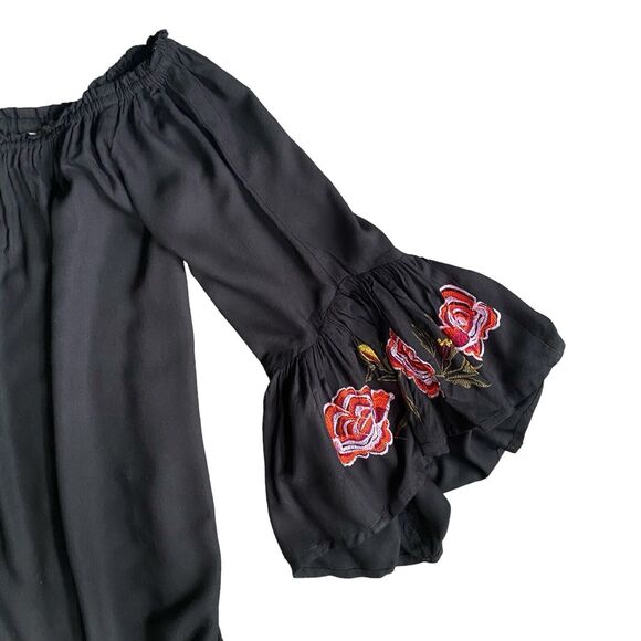 Feathers Peasant Blouse Tunic Black M Off The Shoulder Embroidered Boho Artsy - Picture 4 of 6